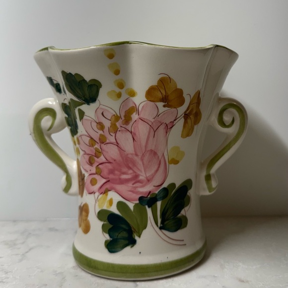 ftd Other - Vintage Hand-Painted Floral Ceramic Vase with Handles - Pink & Green